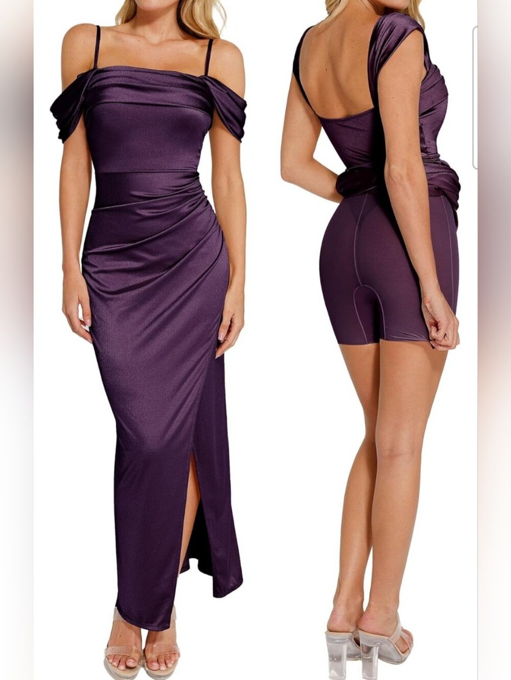Popilush Women's Purple Shimmer Off The Shoulder 8 In 1 Shapewear Maxi Dress L